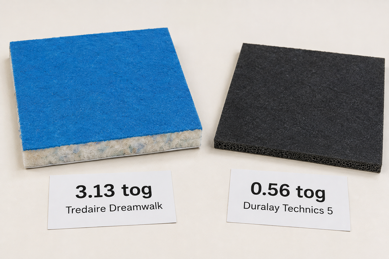 Tredaire Dreamwalk underlay labelled 3.13 tog beside Duralay Technics 5 underlay labelled 0.56 tog.
