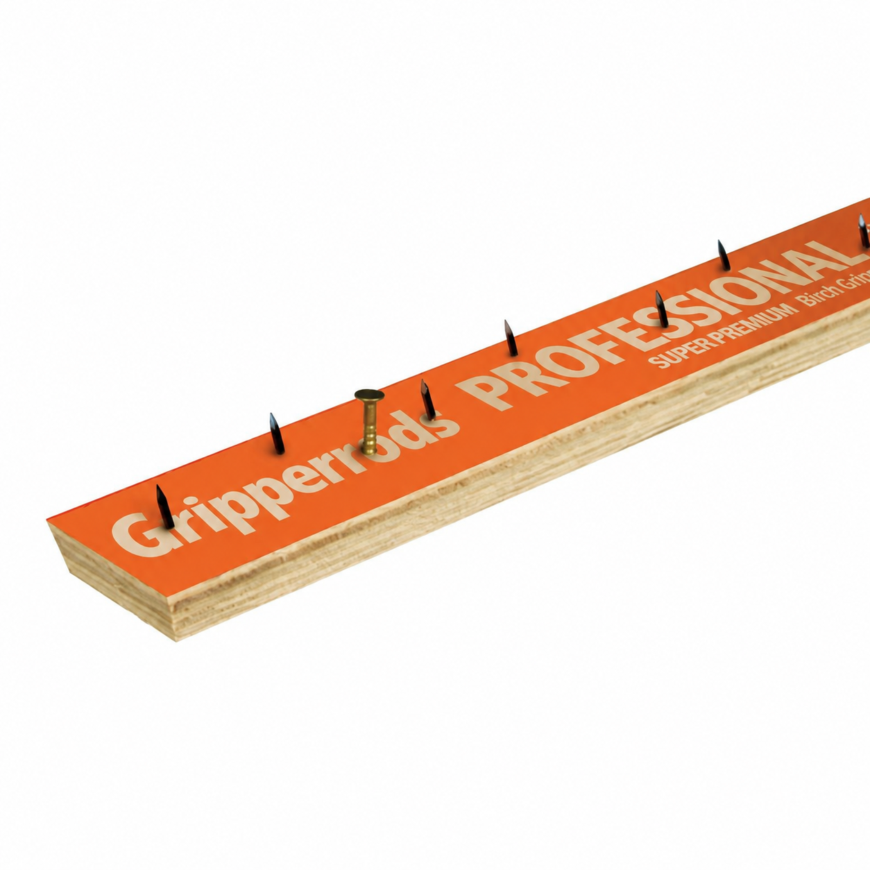 Gripperrods Professional carpet gripper showing its orange face, plywood base, carpet pins and fixing nail.