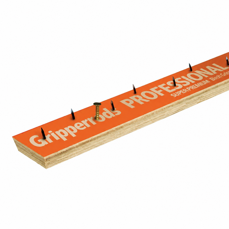 Gripperrods Professional carpet gripper showing its orange face, plywood base, carpet pins and fixing nail.