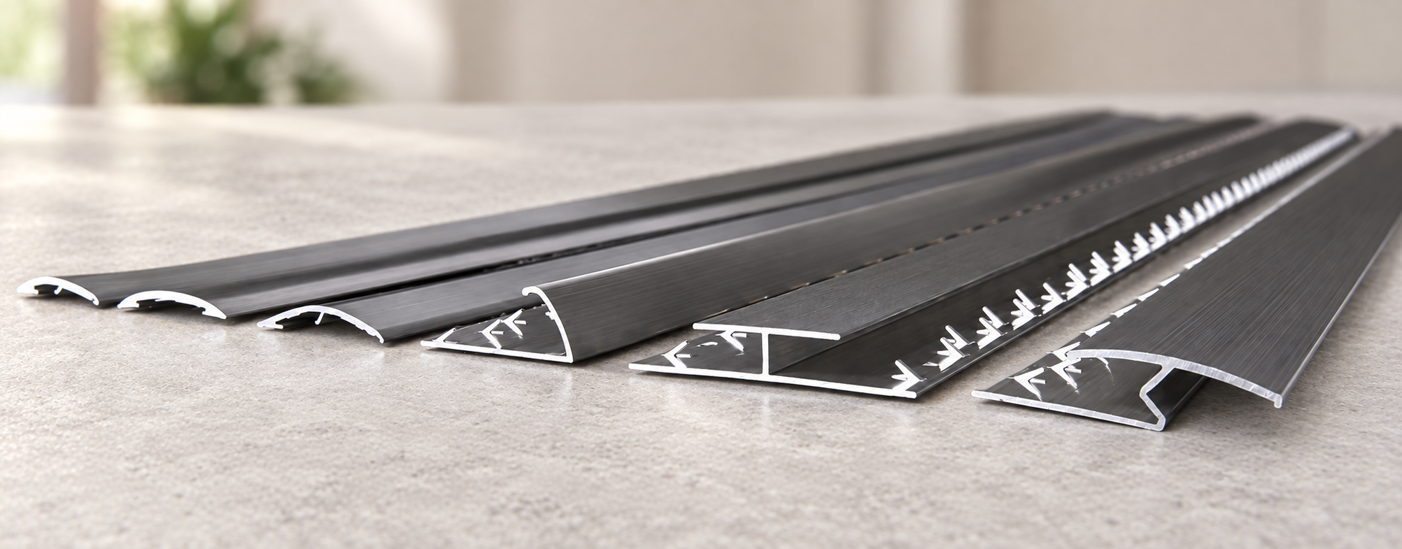 Metal door-bar and flooring transition profiles viewed end-on on a light worktop.