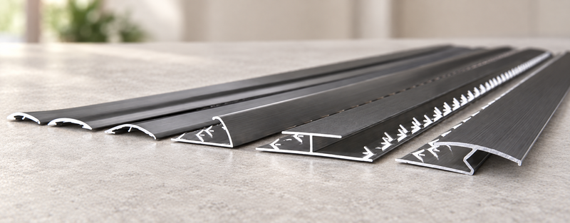 Metal door-bar and flooring transition profiles viewed end-on on a light worktop.