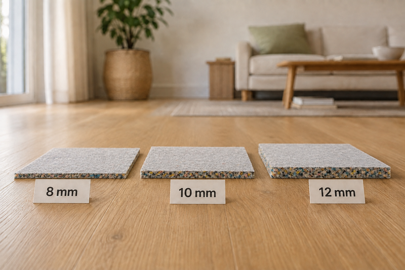 8mm, 10mm and 12mm carpet underlay samples shown side by side