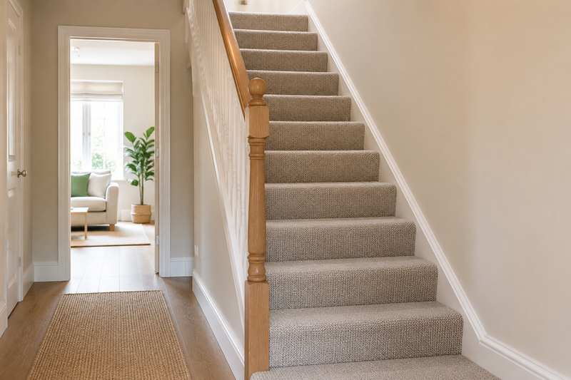 Fully carpeted staircase in a bright, neutral British home