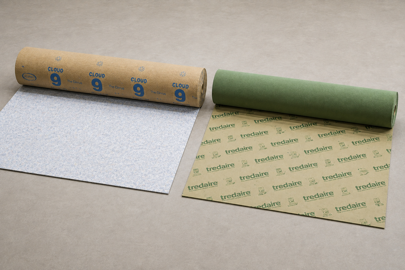 Full-width Cloud 9 Cirrus and Tredaire Defender underlay rolls partly unrolled side by side.