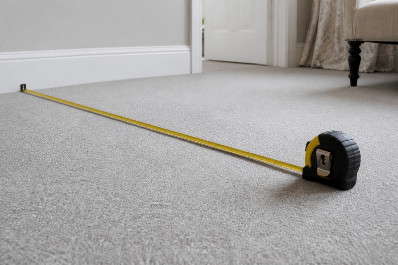 Yellow tape measure extended across grey fitted carpet from the skirting board.