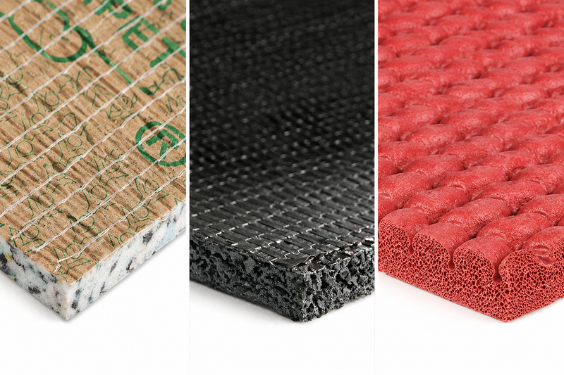 PU foam with brown printed facing, black woven crumb rubber and red moulded sponge rubber underlay samples.