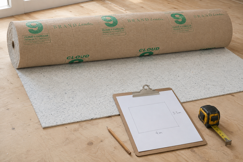 Cloud 9 underlay roll beside a tape measure, pencil and room sketch marked 4m by 3.5m.
